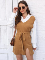 Tie Front V-neck Sleeveless Slit Sweater Dress (4)