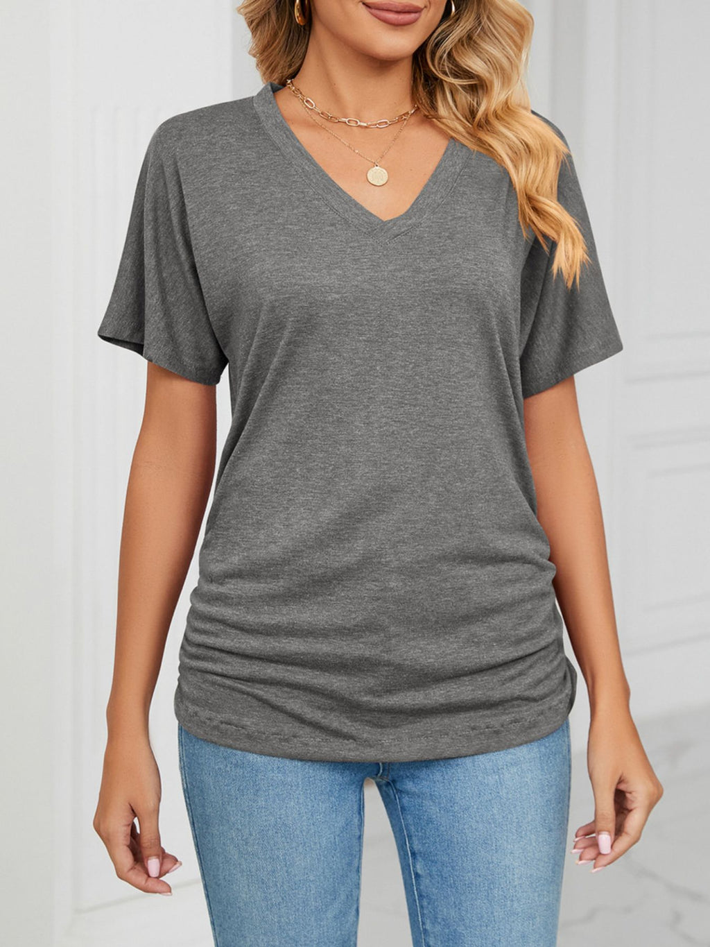Casual V-neck Short Sleeve T-shirt (25)