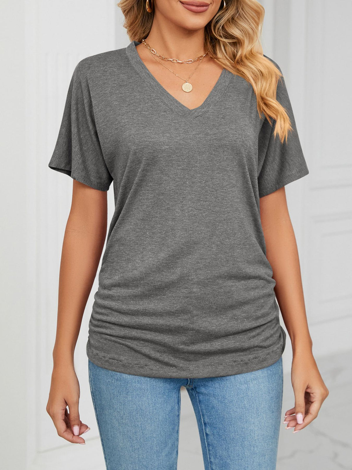 Casual V-neck Short Sleeve T-shirt (25)