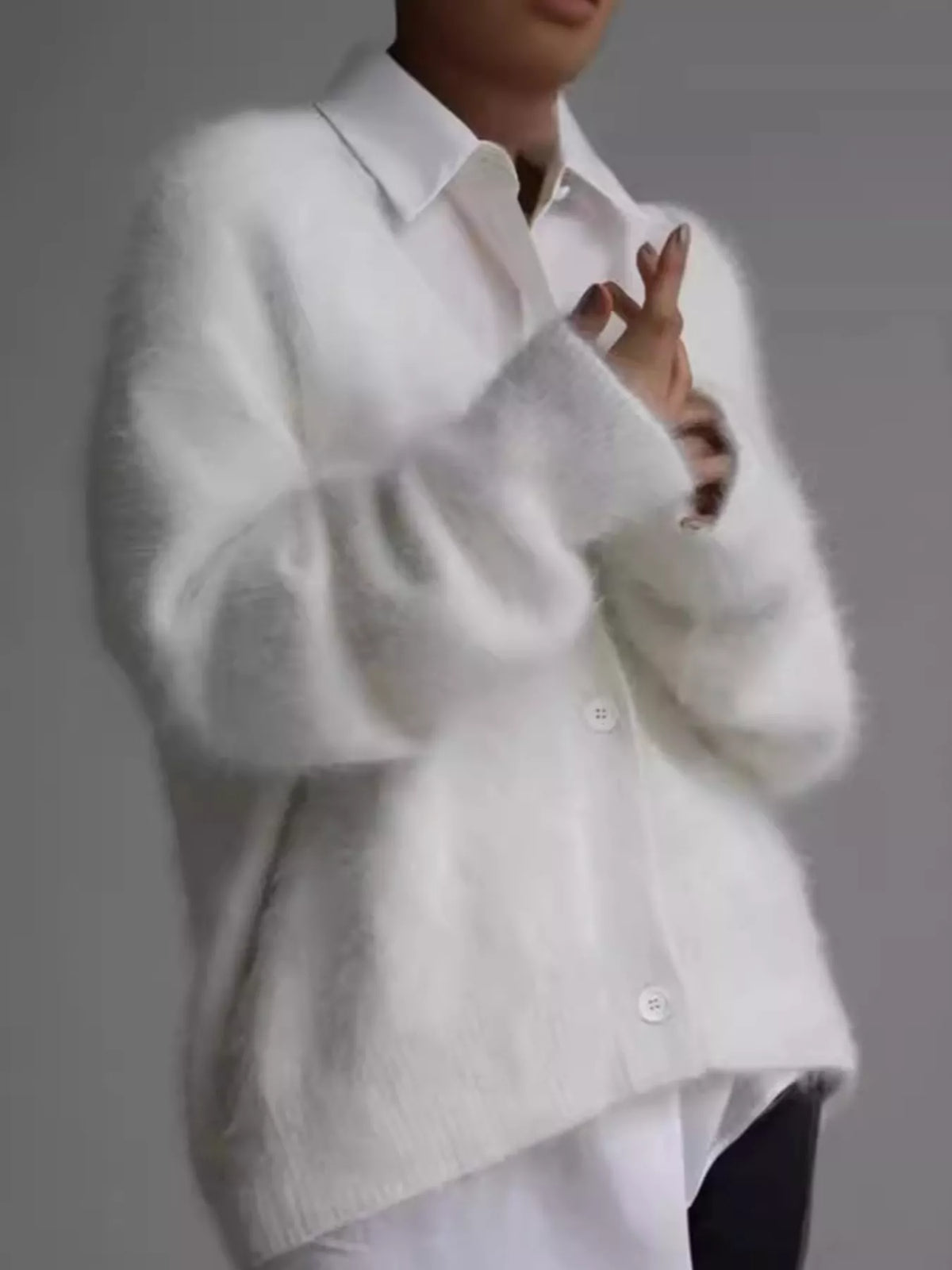 Fuzzy V-neck Button-down Cardigan (10)