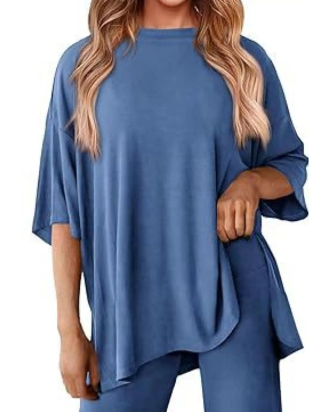 Slit Round Neck Top Pants Set (2)