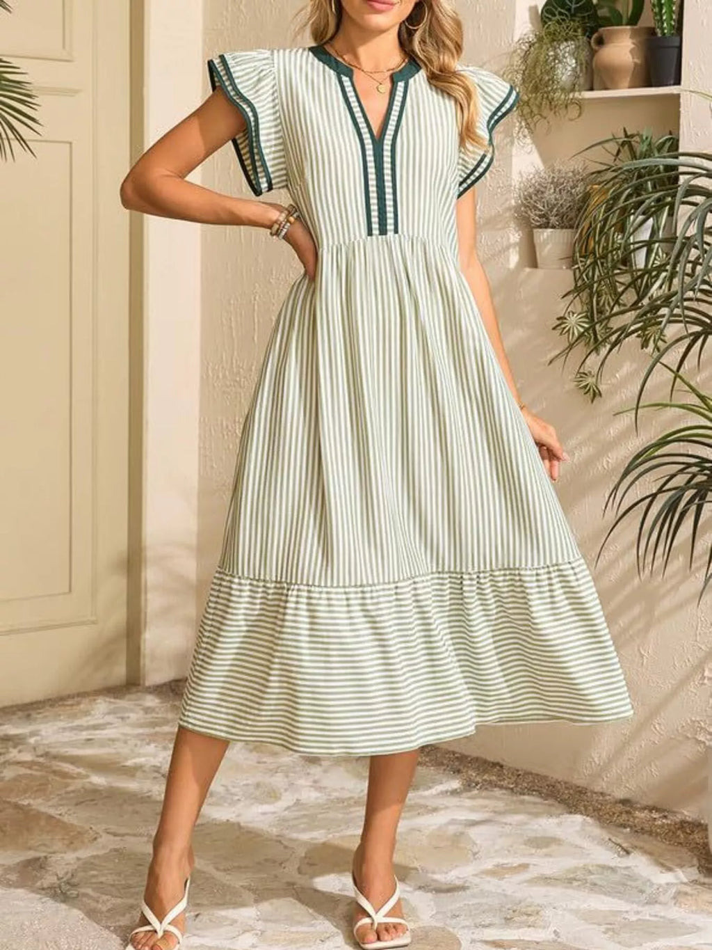 Striped Notched Ruffle Sleeve Dress (13)
