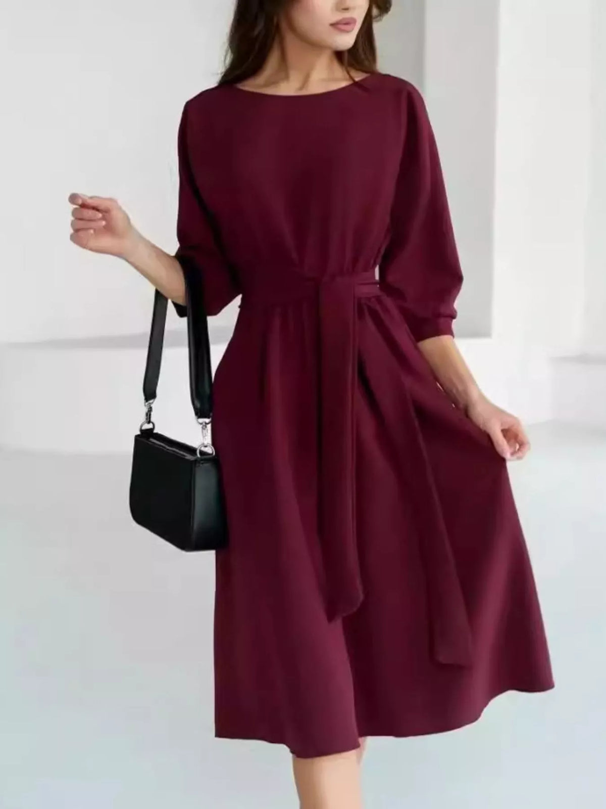 Elegant Belted Waist Midi Dress (8)