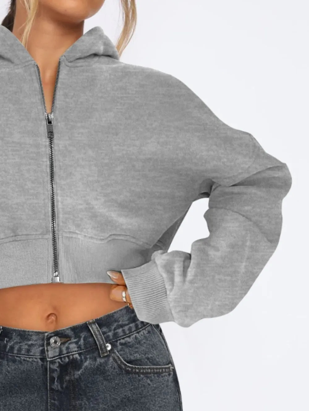 Zip Up Long Sleeve Hooded Cropped Jacket (3)