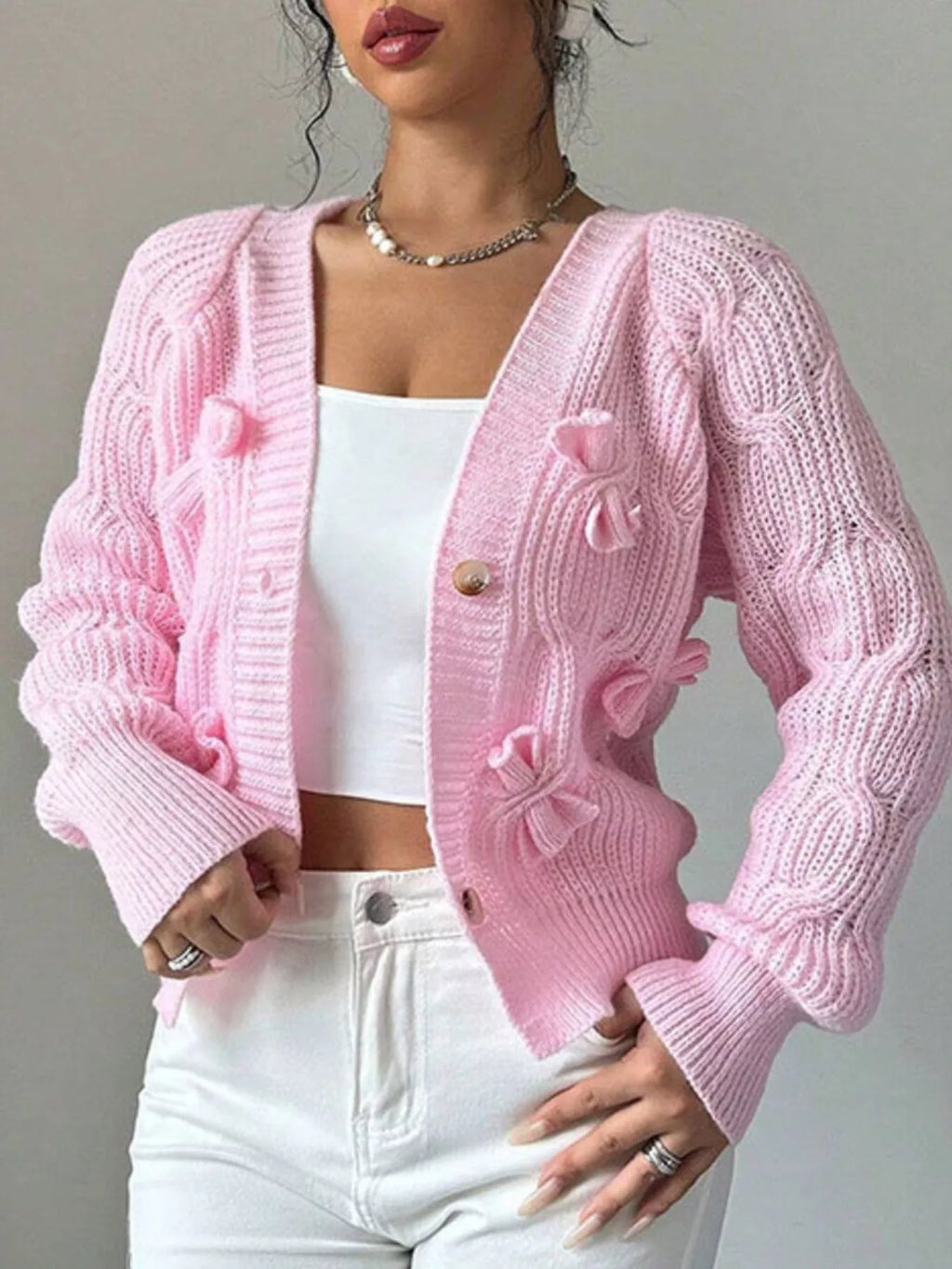 Bow Cable Knit V-neck Cardigan (3)