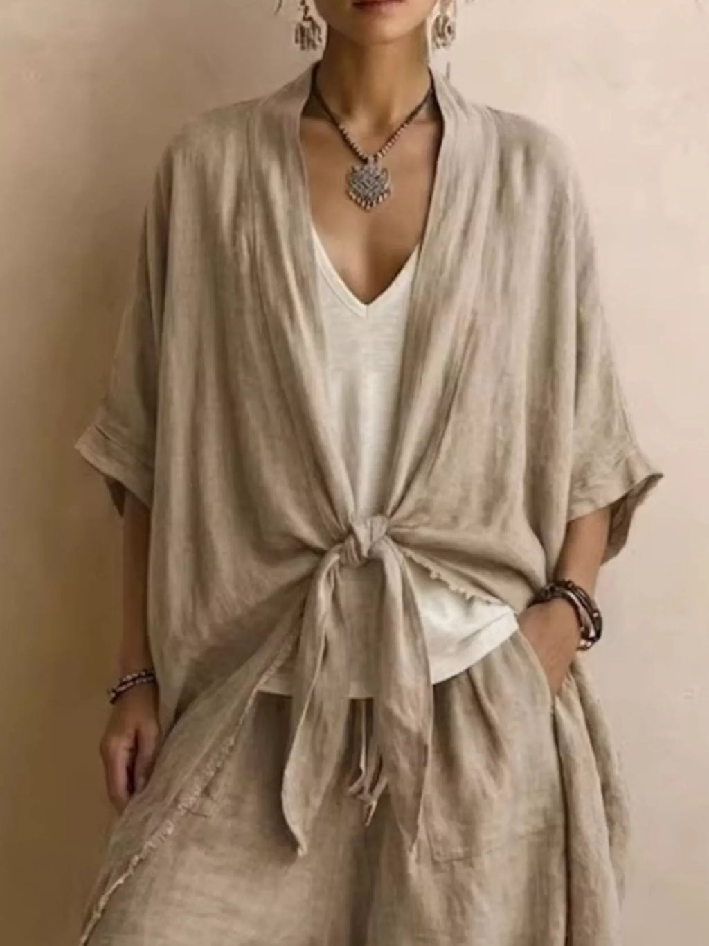 Full Size Tie-front Cardigan Wide-leg Pants Set Plus (2)