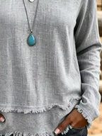 V-neck Frayed Hem Long Sleeve T-shirt (6)
