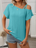 Eyelet Asymmetrical Shoulder Short Sleeve T-shirt (32)