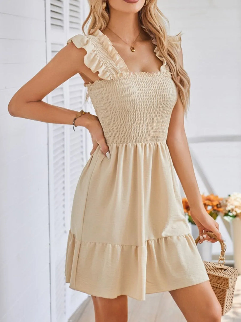 Smocked Square Neck Wide Strap Dress (4)