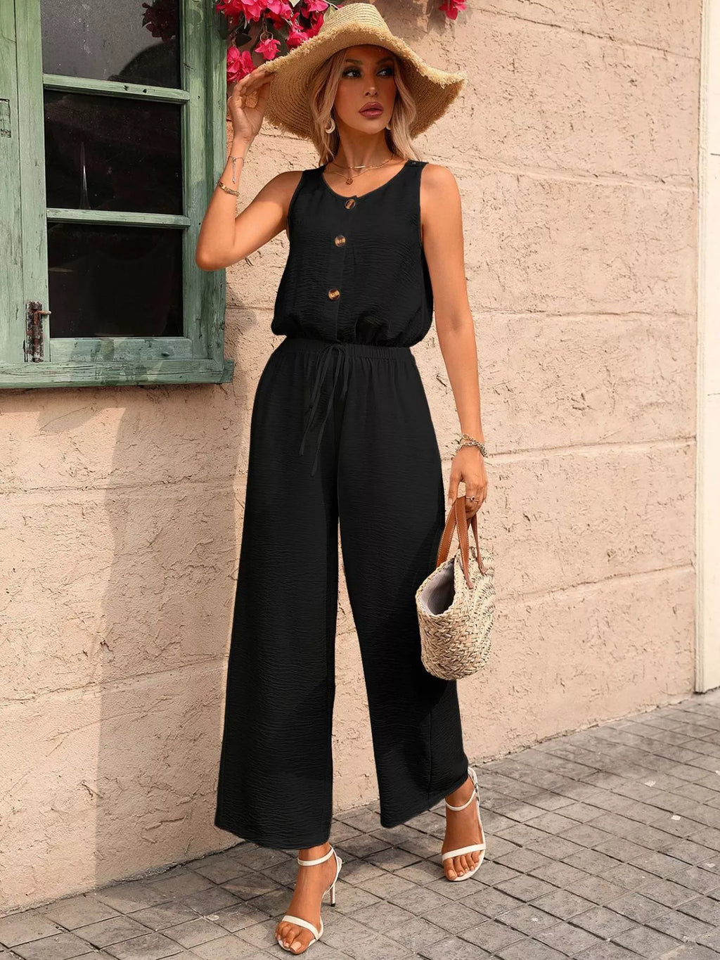Sleeveless Button-front Wide Leg Jumpsuit (3)