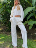 Waffle-knit Round Neck Top Pants Set (5)