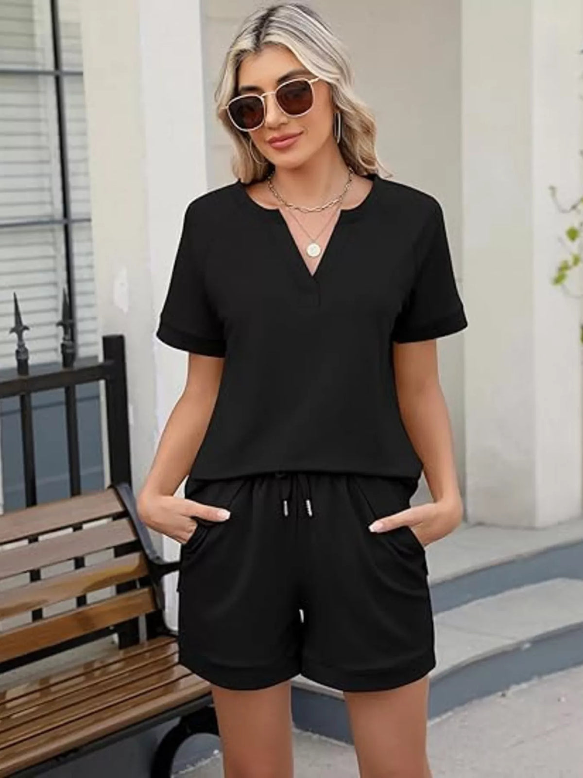 Solid Color Short Sleeve Top Shorts Two-piece Set (13)
