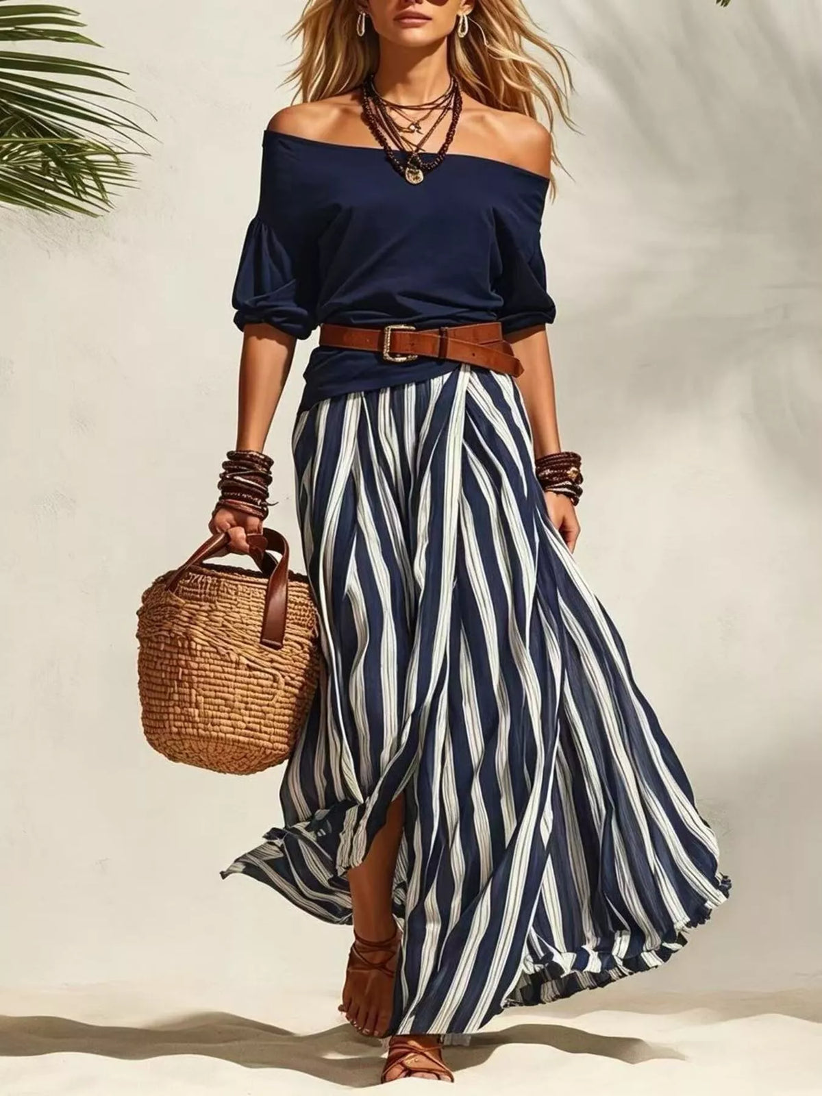 Off Shoulder Top Striped Maxi Skirt Set Belt