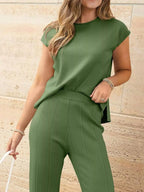 Casual Solid Color Cap Sleeve Top Pants Knit Set (16)