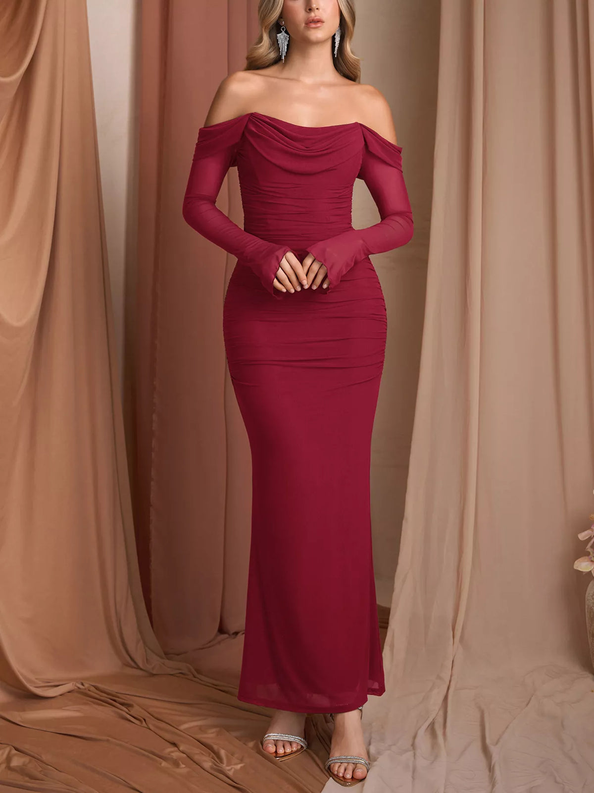 Off-shoulder Ruched Mermaid Maxi Dress (19)