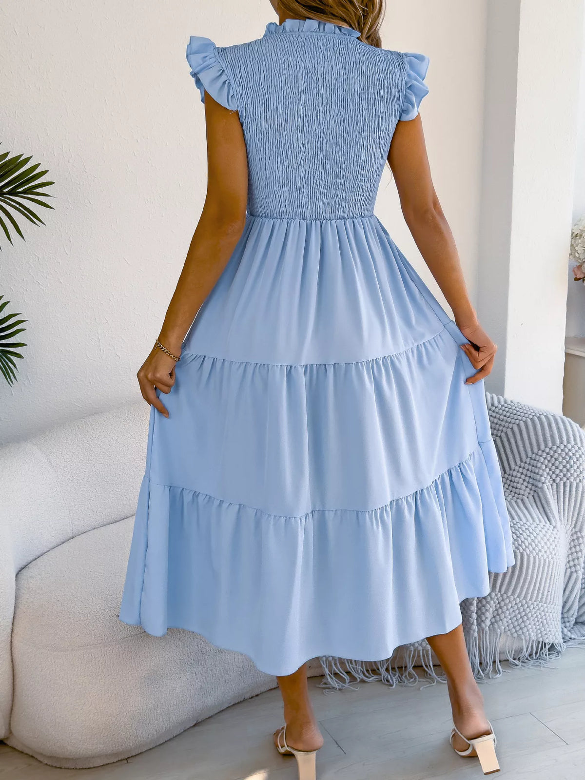 Smocked Ruffled Cap Sleeve Dress (15)