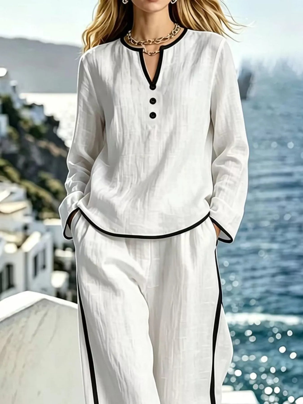 Contrast Trim Long Sleeve Top Pants Set (2)