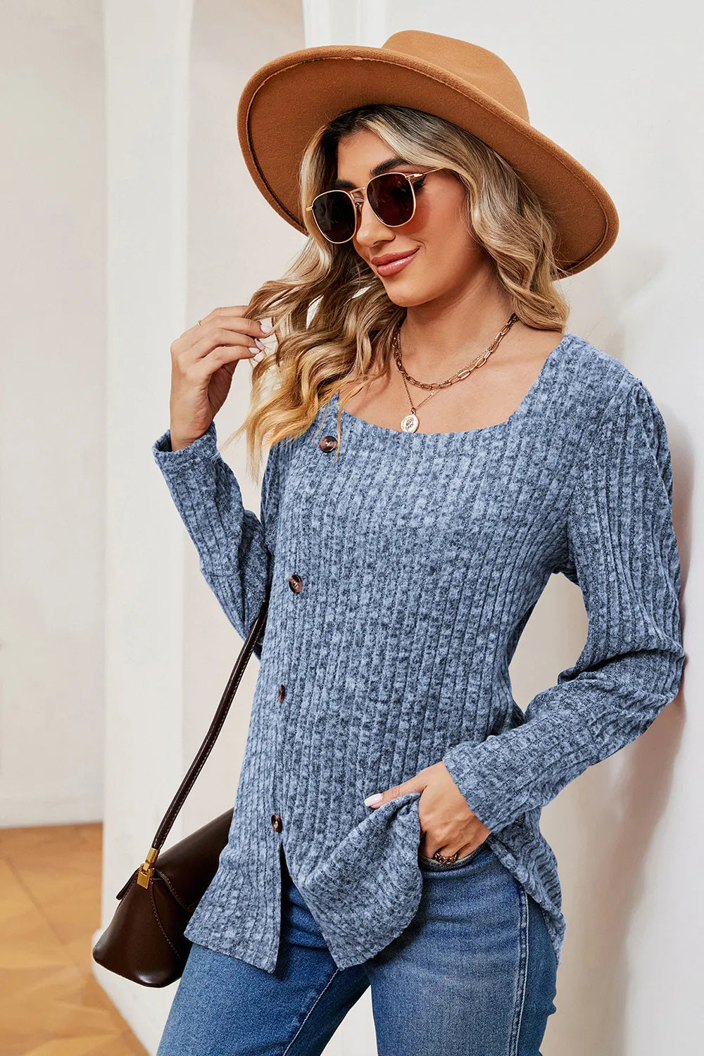 Decorative Button Square Neck T-shirt (5)