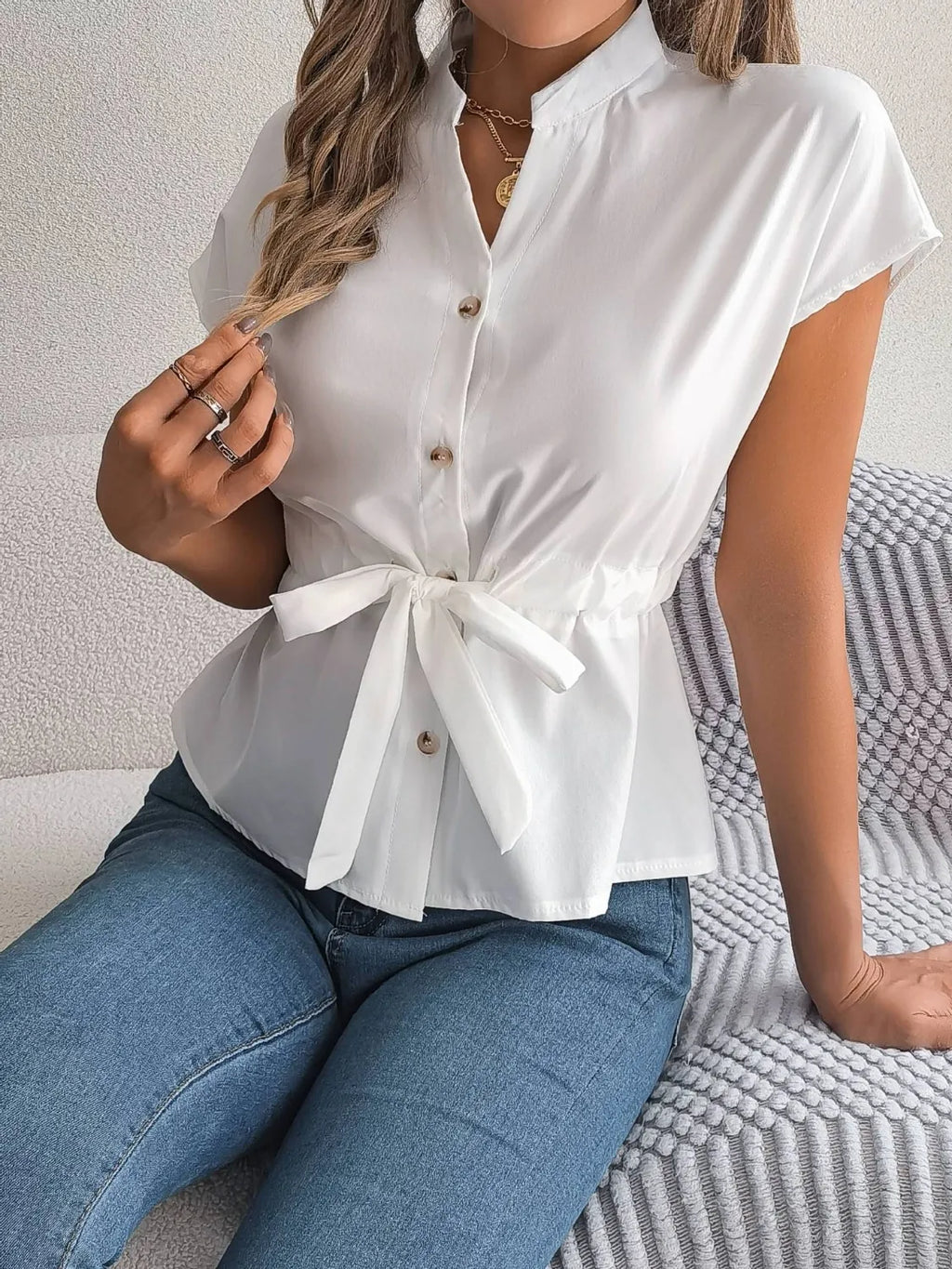 Notched Short Sleeve Blouse