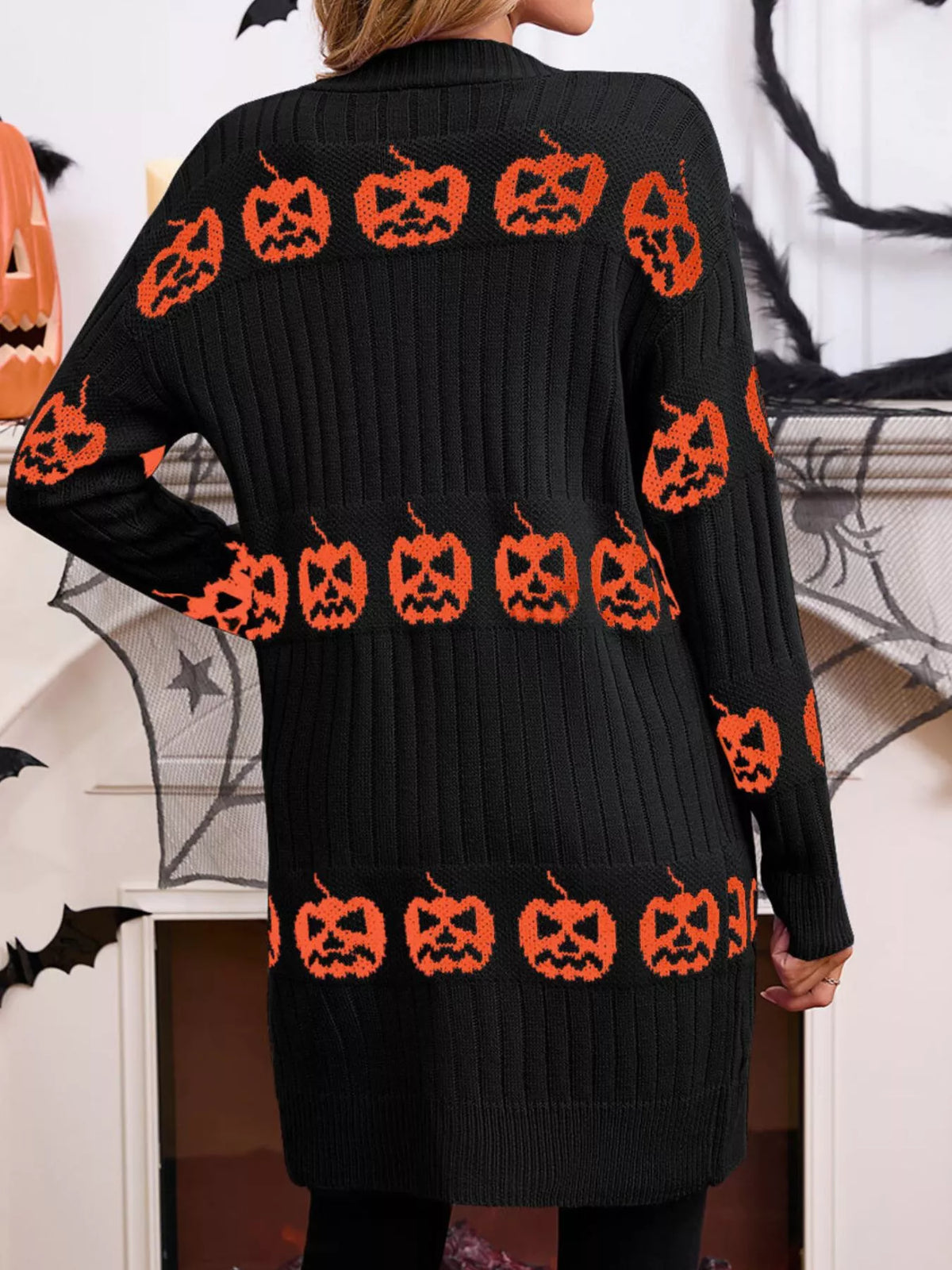 Halloween Pumpkin Open Front Knit Cardigan (3)