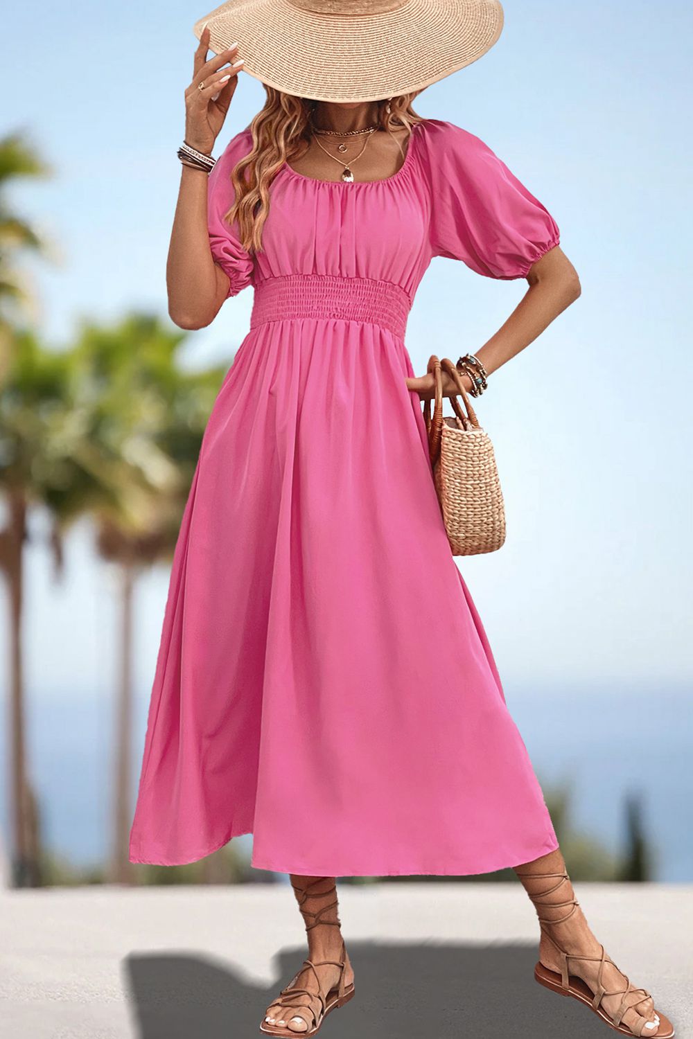 Square Neck Smocked Waist Puff Sleeve Midi Dress (3)