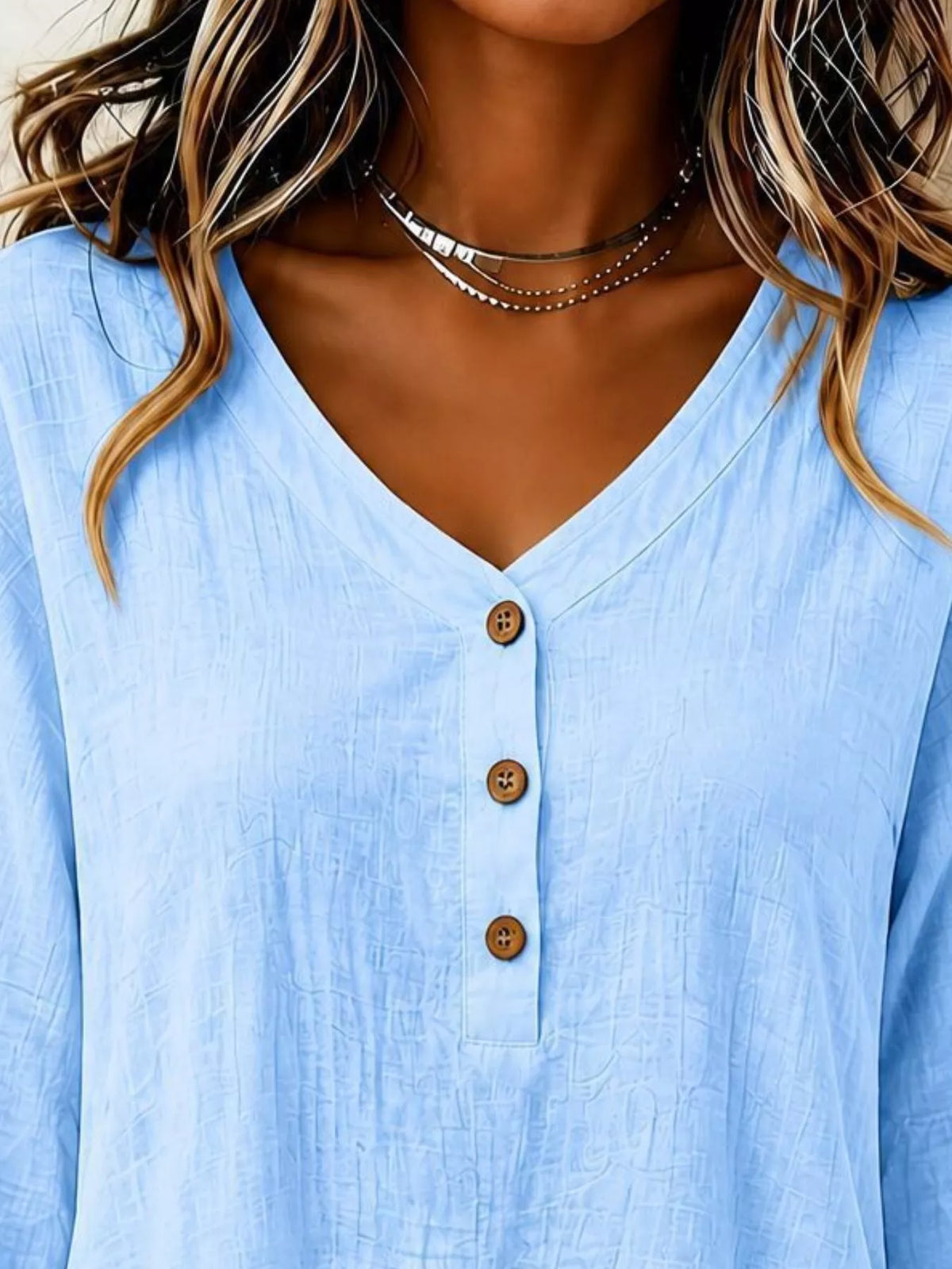 V-neck Long Sleeve Button Detail Ruffled Hem Blouse (14)