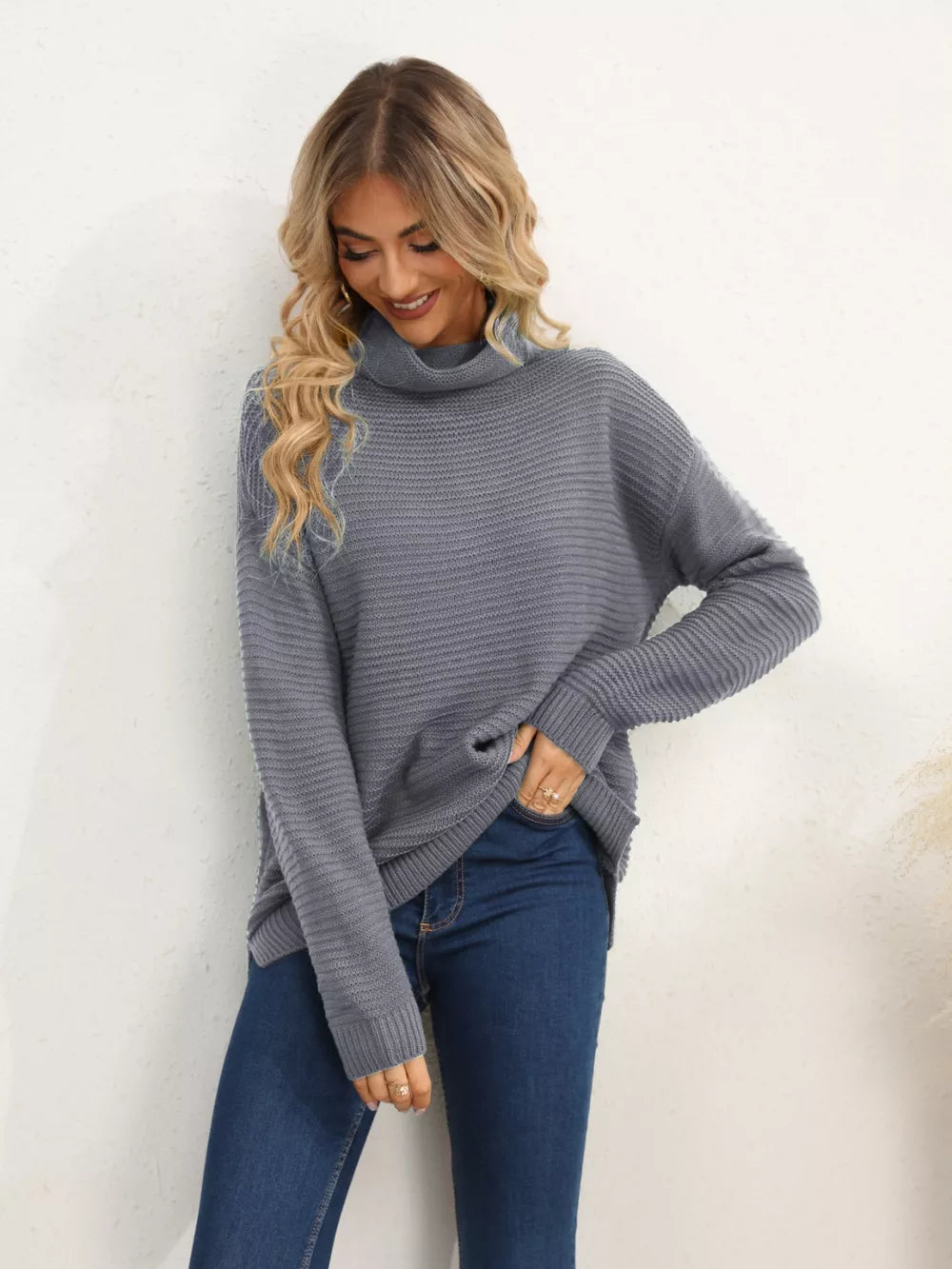 Slit Turtleneck Dropped Shoulder Sweater (22)
