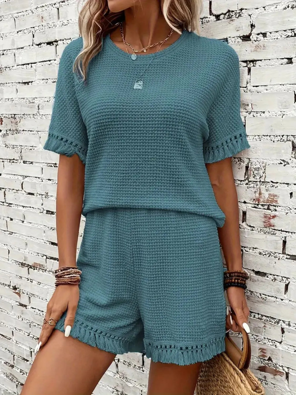Tassel Round Neck Top Shorts Set (14)