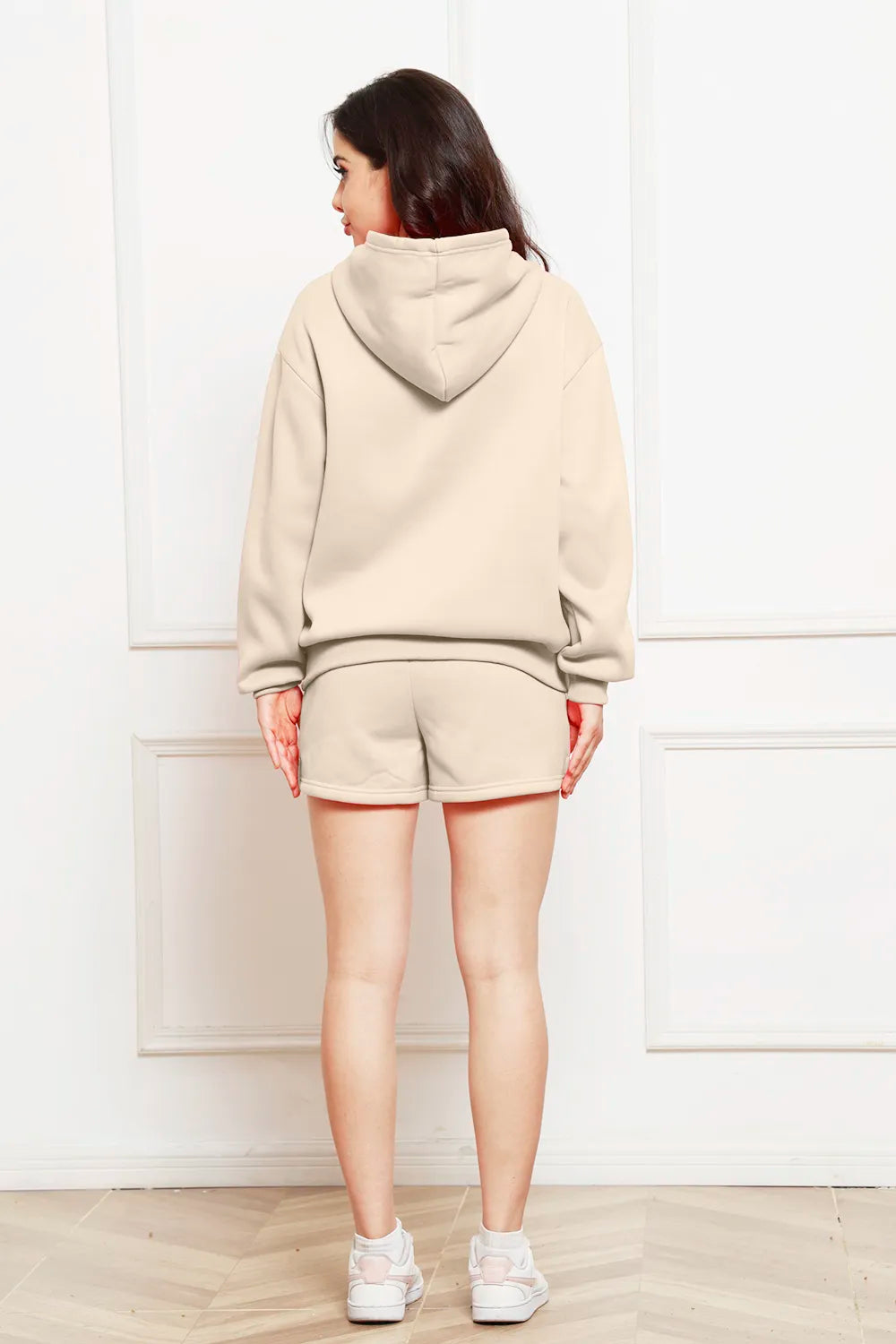 Drop Shoulder Long Sleeve Hoodie Shorts Set (18)