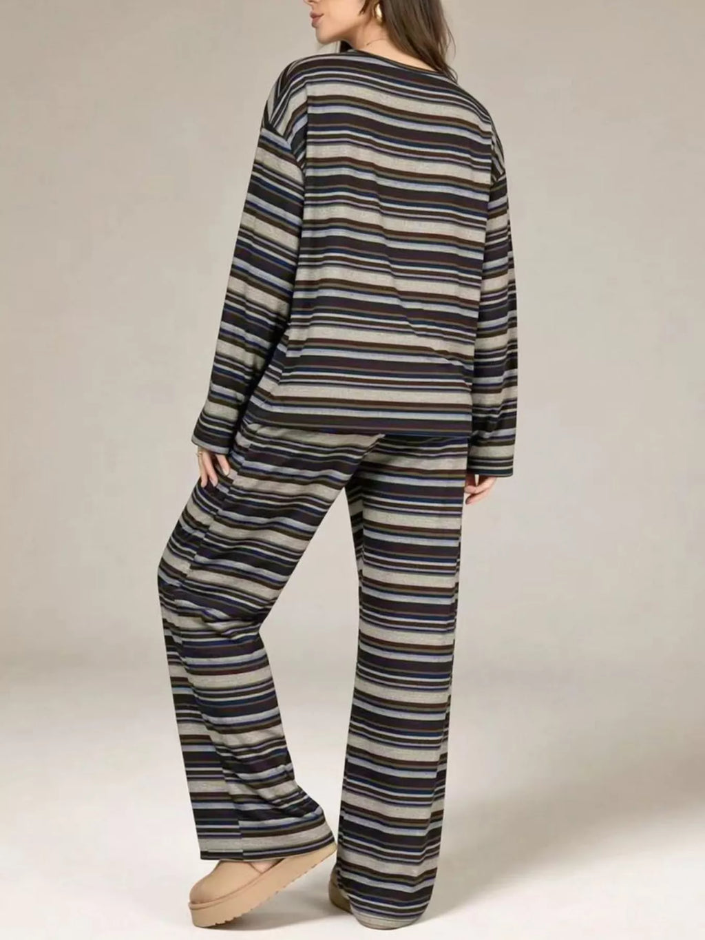 Striped Long-sleeve Top Wide-leg Pants Set (7)