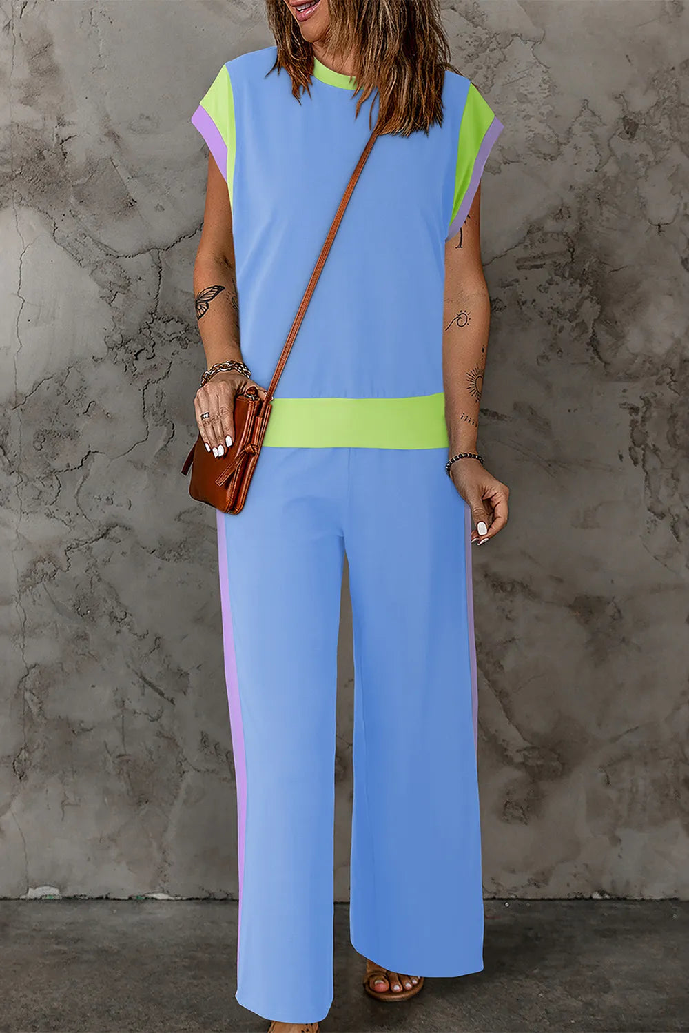 Contrast Round Neck Top Pants Set