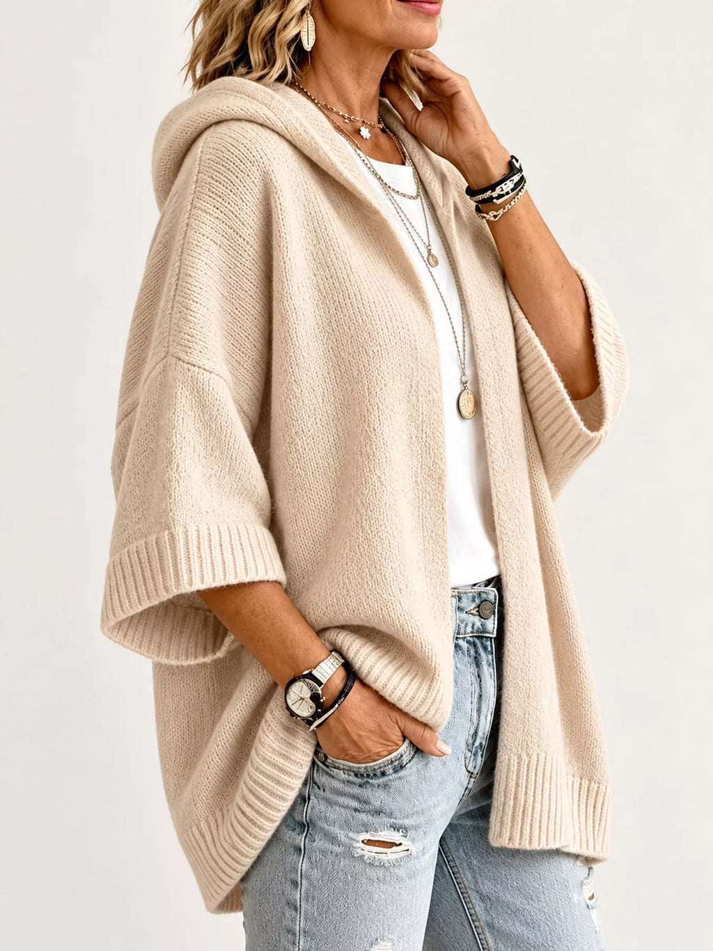 Full Size Hooded Open-front Knit Cardigan Plus (2)