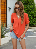 Ruched Short Sleeve V-neck Blouse (21)