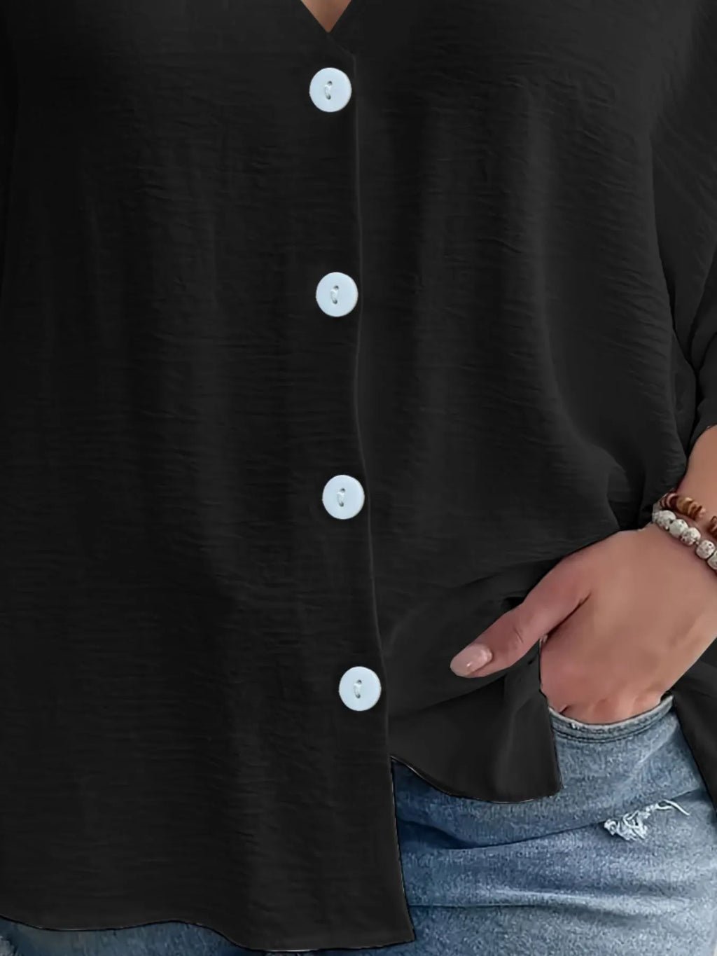 Full Size Casual V-neck Button Down Relaxed Fit Blouse Plus (12)
