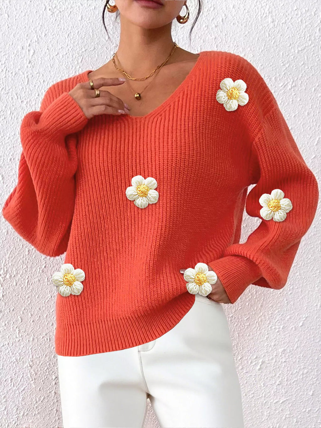 Floral Applique V-neck Sweater (3)