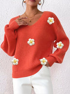 Floral Applique V-neck Sweater (3)