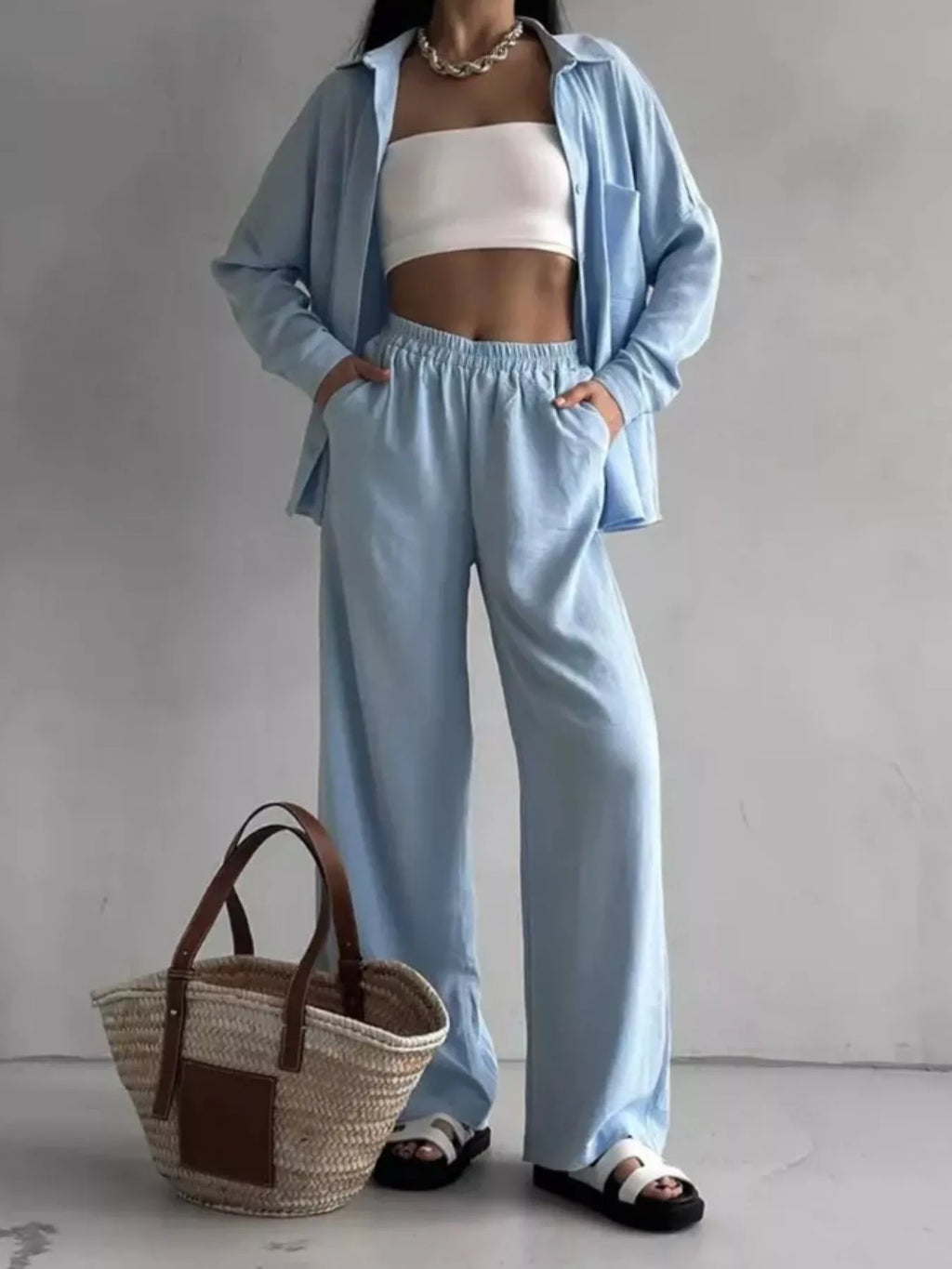 Button Up Long Sleeve Shirt Pants Set (2)