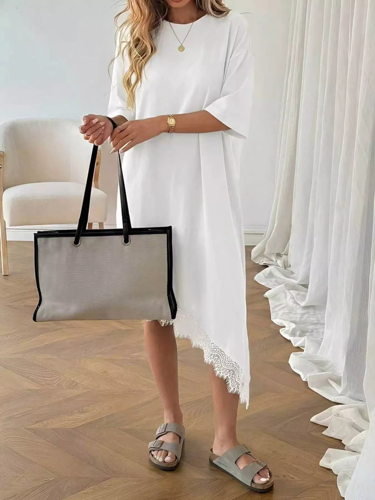 Lace Trim Asymmetrical Hem T-shirt Dress (4)