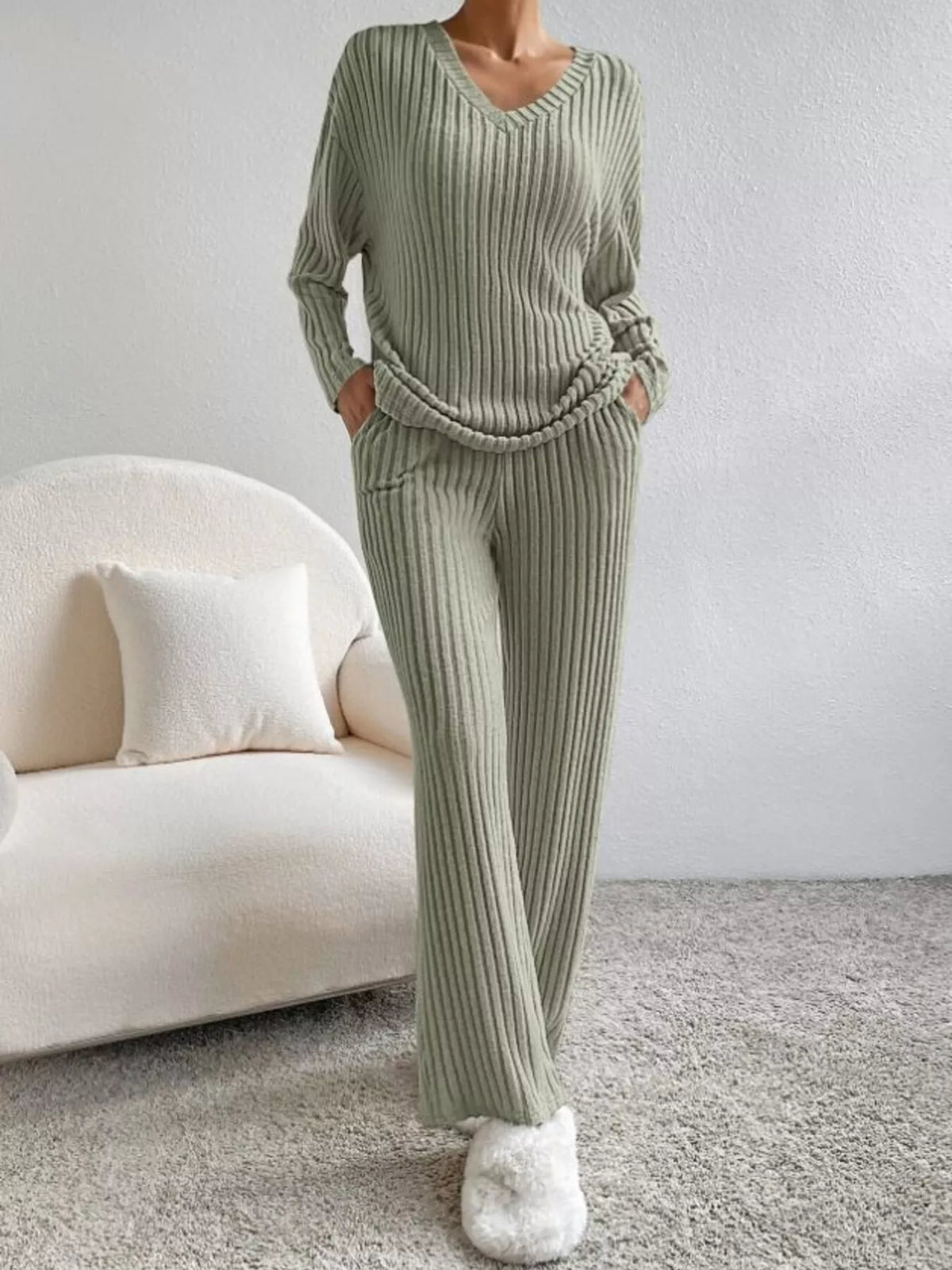 Ribbed Knit V-neck Top Pants Set (16)