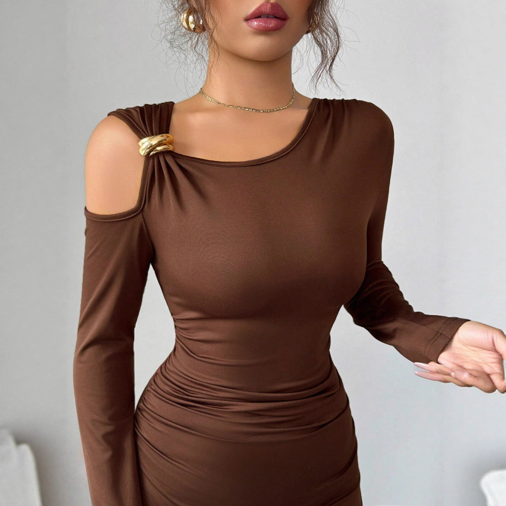 Solid-color Off-shoulder Long-sleeve Dress photo 5