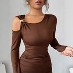 Solid-color Off-shoulder Long-sleeve Dress photo 5