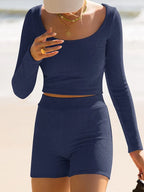 Scoop Neck Long Sleeve Top Shorts Set (27)