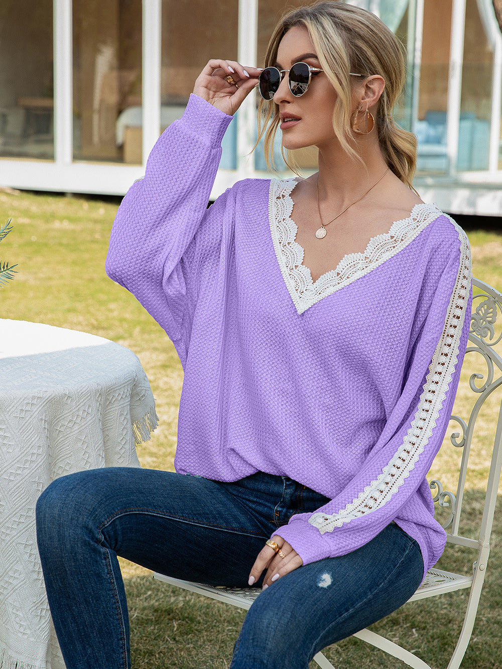 Contrast Spliced Lace V-neck Top (3)
