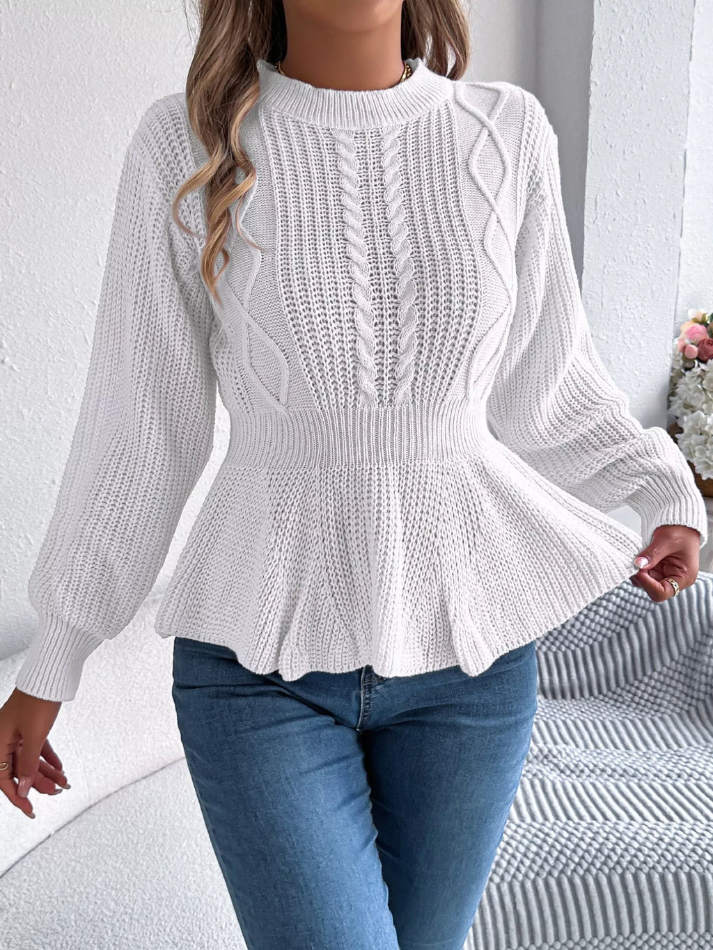 Cable Knit Round Neck Peplum Sweater (6)