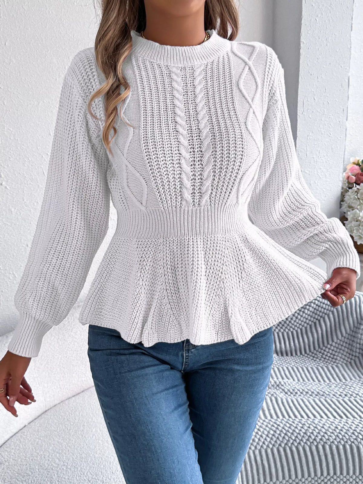 Cable Knit Round Neck Peplum Sweater (6)