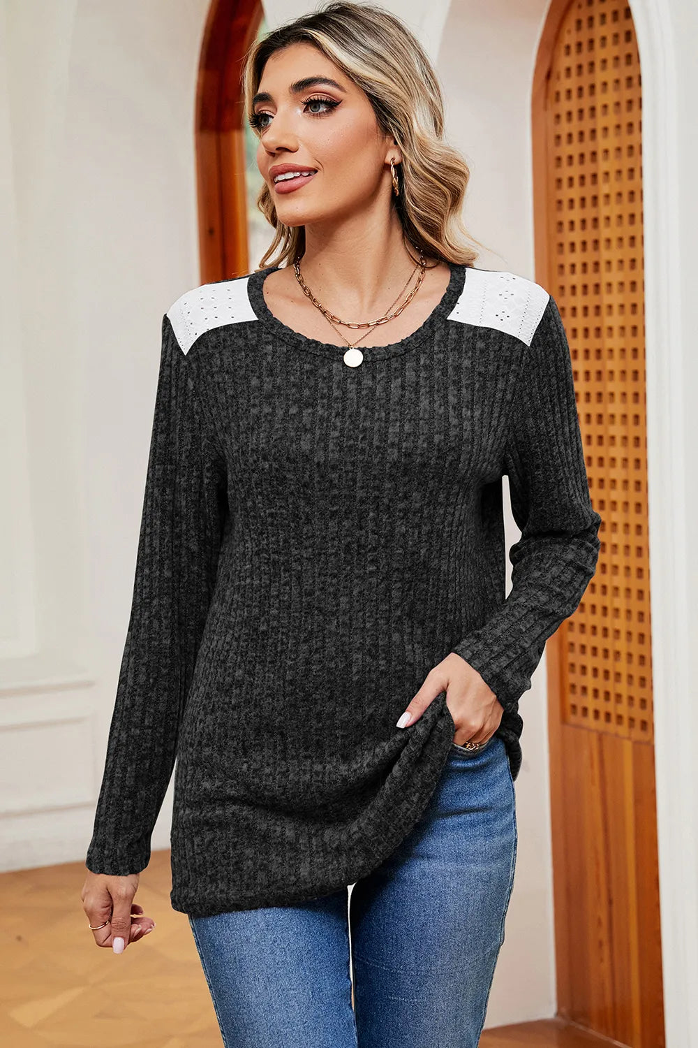 Eyelet Ribbed Round Neck Long Sleeve T-shirt (6)