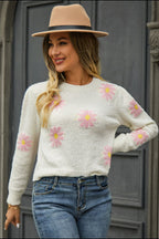 Flower Pattern Round Neck Short Sleeve Pullover Sweater (7)