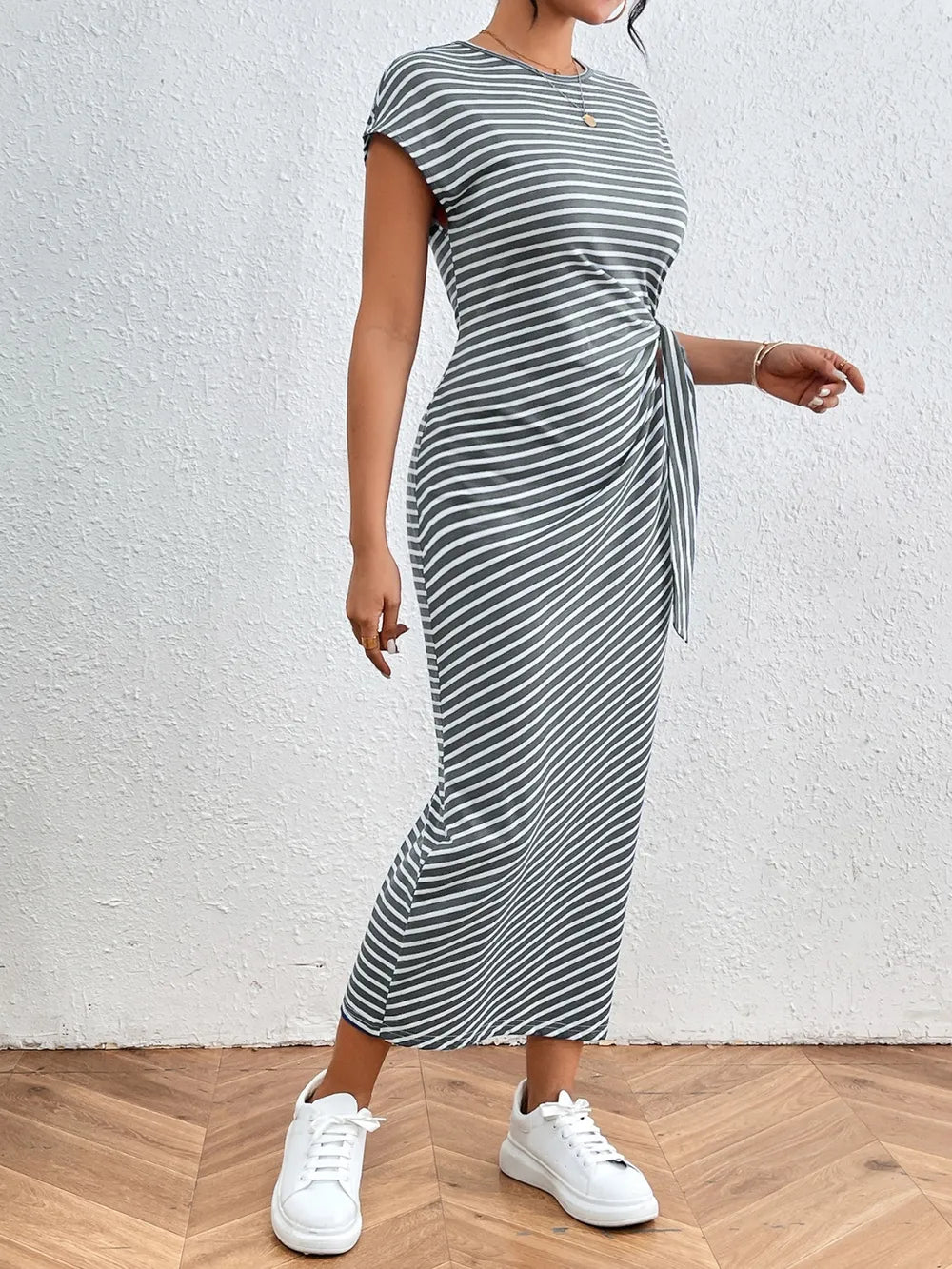 Tied Striped Round Neck Short Sleeve Tee Dress (2)