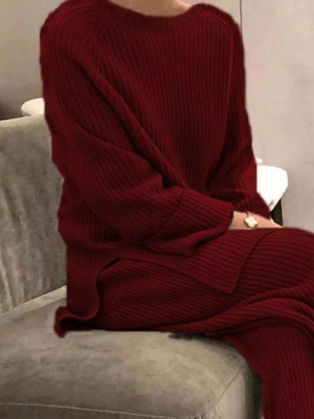 Full Size Ribbed Knit Relaxed Fit Top Pants Sweater Set Plus (14)