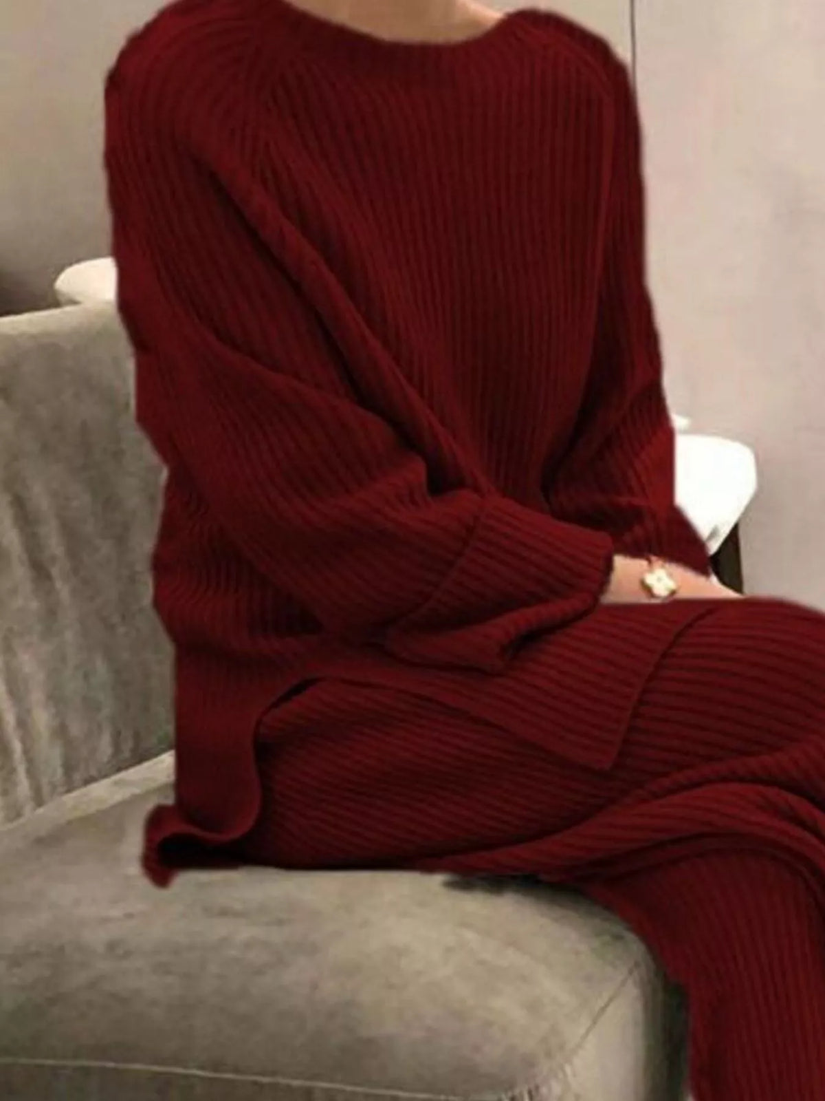 Full Size Ribbed Knit Relaxed Fit Top Pants Sweater Set Plus (14)
